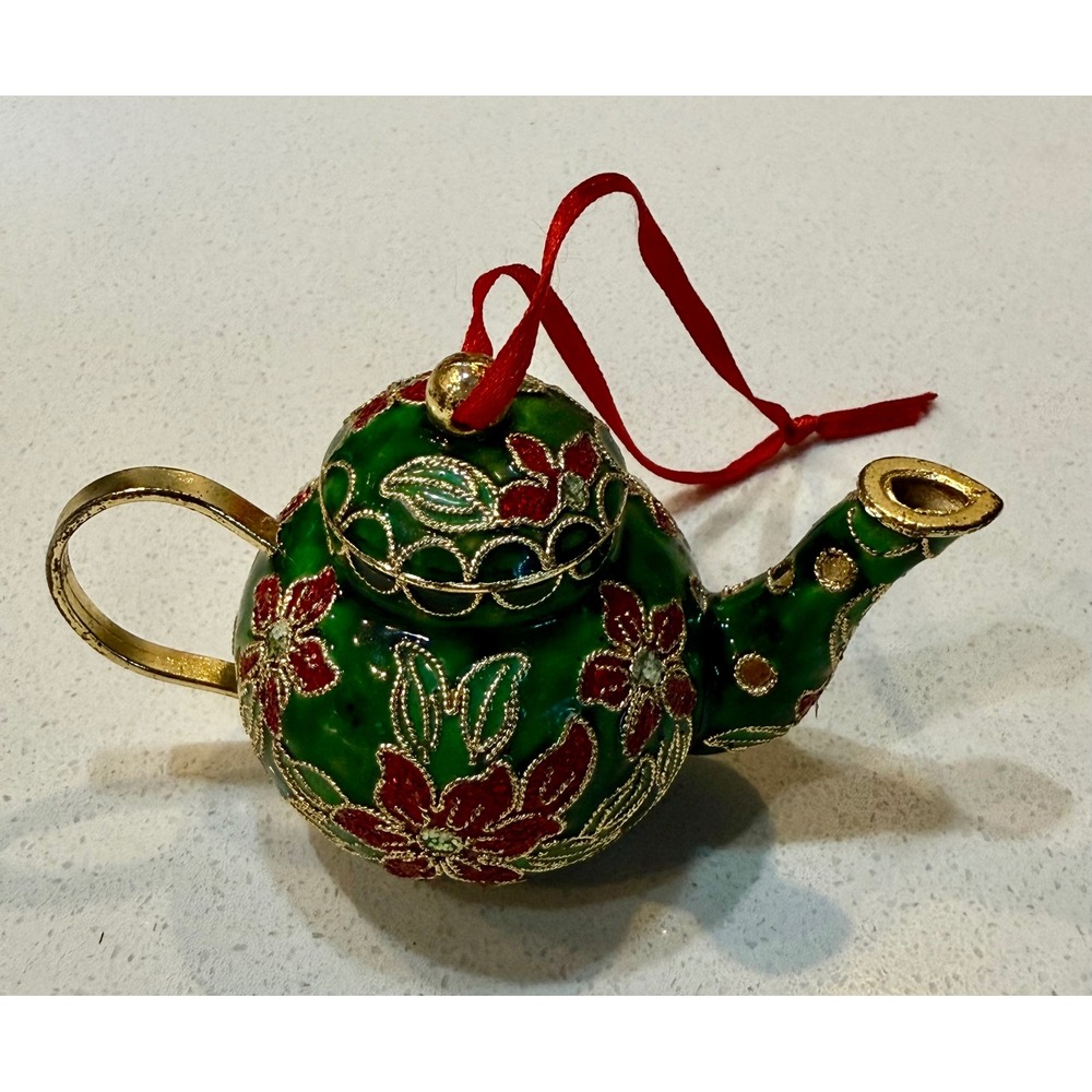 Green Cloisonne Enamel Teapot Ornament Red Floral Gold Filigree Miniature Decor